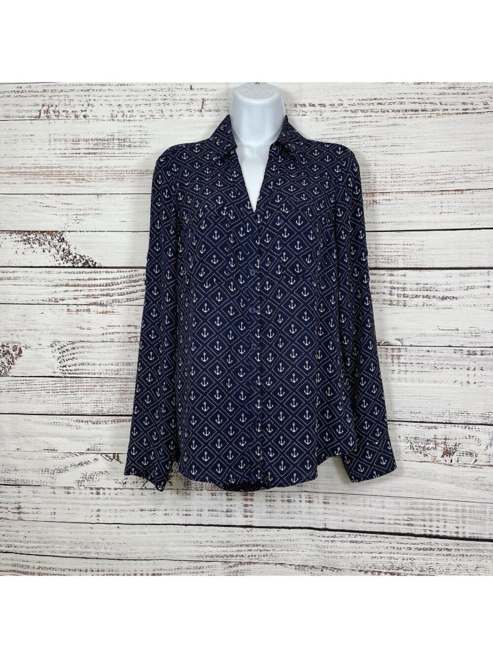 Express Portofino Navy Nautical Anchors Roll Tab Sleeve Blouse